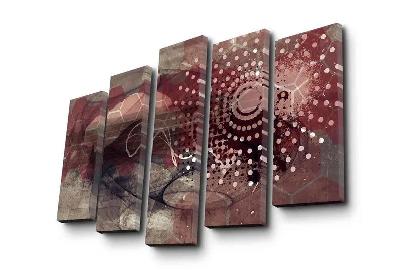 Stor Canvastavla i 5 delar 105x70 cm - Abstrakt komposition med geometriska former och mönster - Mörkröd / Beige / Grå - Inredning - Tavlor & posters - Canvastavla