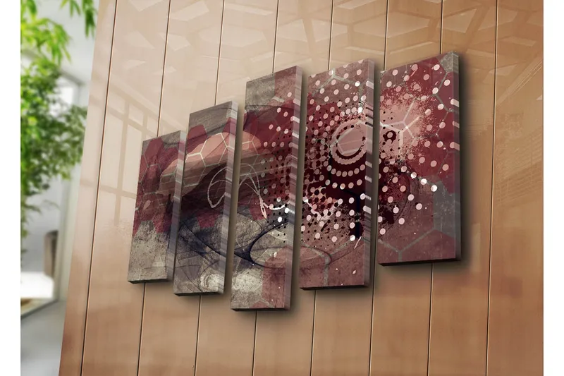 Stor Canvastavla i 5 delar 105x70 cm - Abstrakt komposition med geometriska former och mönster - Mörkröd / Beige / Grå - Inredning - Tavlor & posters - Canvastavla