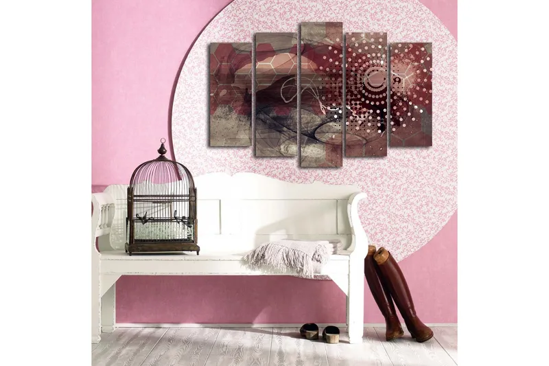 Stor Canvastavla i 5 delar 105x70 cm - Abstrakt komposition med geometriska former och mönster - Mörkröd / Beige / Grå - Inredning - Tavlor & posters - Canvastavla