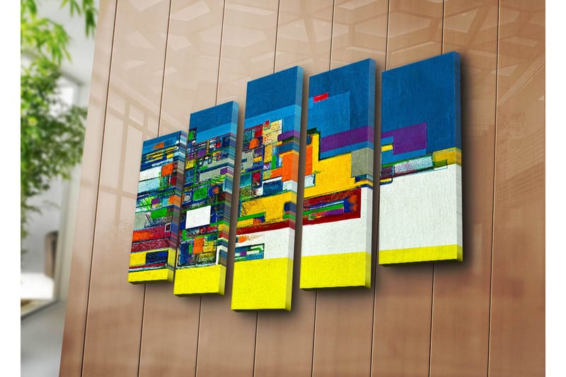 Stor Canvastavla i 5 delar 105x70 cm - Abstrakt komposition med geometriska former och starka färger - Blå / Gul / Grön - Inredning - Tavlor & posters - Canvastavla