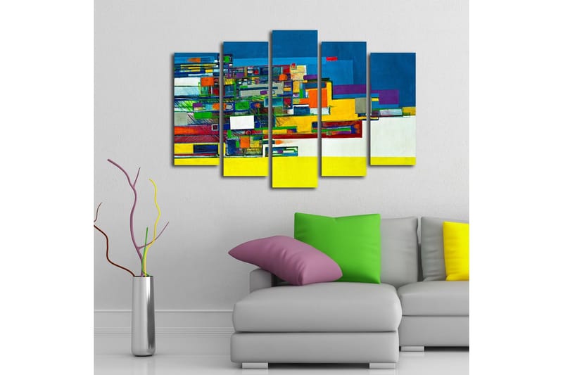 Stor Canvastavla i 5 delar 105x70 cm - Abstrakt komposition med geometriska former och starka färger - Blå / Gul / Grön - Inredning - Tavlor & posters - Canvastavla