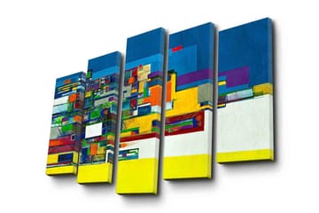 Stor Canvastavla i 5 delar 105x70 cm - Abstrakt komposition med geometriska former och starka färger - Blå / Gul / Grön - Inredning - Tavlor & posters - Canvastavla