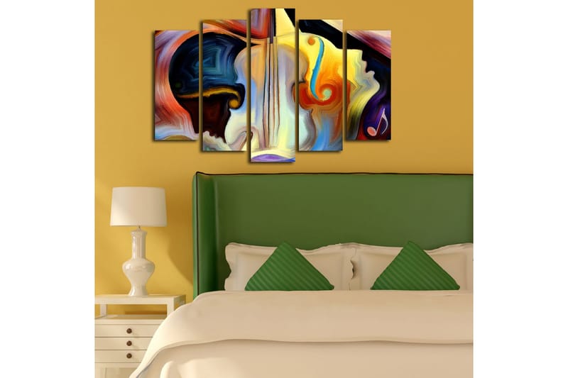 Stor Canvastavla i 5 delar 105x70 cm - Abstrakt komposition med musikinstrument och ansiktskonturer - Mörkblå / Orange / Gul - Inredning - Tavlor & posters - Canvastavla