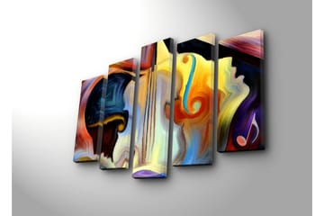 Stor Canvastavla i 5 delar 105x70 cm - Abstrakt komposition med musikinstrument och ansiktskonturer - Mörkblå / Orange / Gul - Inredning - Tavlor & posters - Canvastavla