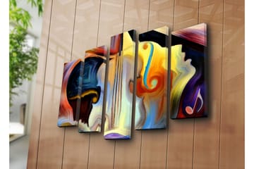 Stor Canvastavla i 5 delar 105x70 cm - Abstrakt komposition med musikinstrument och ansiktskonturer - Mörkblå / Orange / Gul - Inredning - Tavlor & posters - Canvastavla