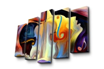 Stor Canvastavla i 5 delar 105x70 cm - Abstrakt komposition med musikinstrument och ansiktskonturer - Mörkblå / Orange / Gul - Inredning - Tavlor & posters - Canvastavla
