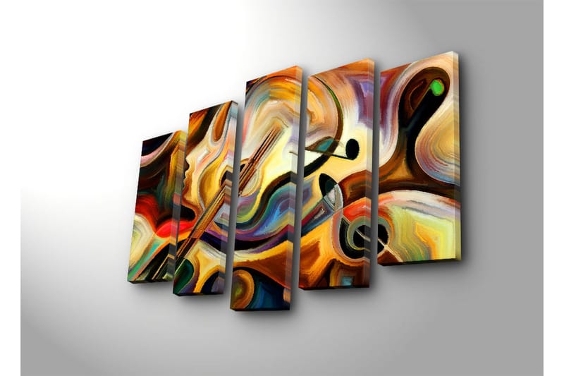 Stor Canvastavla i 5 delar 105x70 cm - Abstrakt komposition med musikinstrument och ansiktsprofil - Guld / Röd / Svart - Inredning - Tavlor & posters - Canvastavla