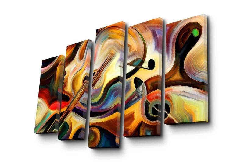 Stor Canvastavla i 5 delar 105x70 cm - Abstrakt komposition med musikinstrument och ansiktsprofil - Guld / Röd / Svart - Inredning - Tavlor & posters - Canvastavla