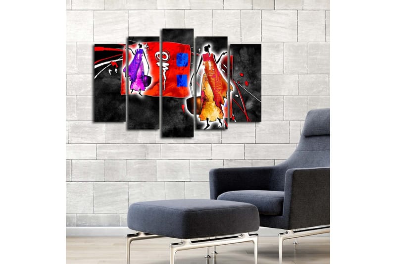 Stor Canvastavla i 5 delar 105x70 cm - Abstrakt komposition med stiliserade figurer i livliga färger - Röd / Lila / Orange - Inredning - Tavlor & posters - Canvastavla