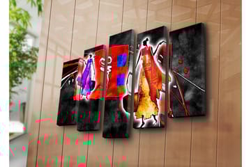 Stor Canvastavla i 5 delar 105x70 cm - Abstrakt komposition med stiliserade figurer i livliga färger - Röd / Lila / Orange - Inredning - Tavlor & posters - Canvastavla