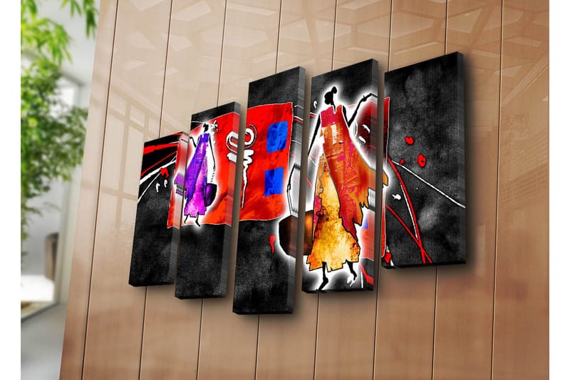 Stor Canvastavla i 5 delar 105x70 cm - Abstrakt komposition med stiliserade figurer i livliga färger - Röd / Lila / Orange - Inredning - Tavlor & posters - Canvastavla
