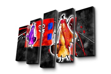 Stor Canvastavla i 5 delar 105x70 cm - Abstrakt komposition med stiliserade figurer i livliga färger - Röd / Lila / Orange - Inredning - Tavlor & posters - Canvastavla