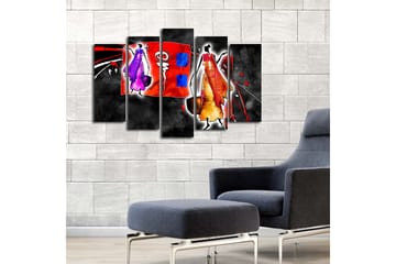 Stor Canvastavla i 5 delar 105x70 cm - Abstrakt komposition med stiliserade figurer i livliga färger - Röd / Lila / Orange - Inredning - Tavlor & posters - Canvastavla