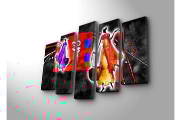 Stor Canvastavla i 5 delar 105x70 cm - Abstrakt komposition med stiliserade figurer i livliga färger - Röd / Lila / Orange - Inredning - Tavlor & posters - Canvastavla