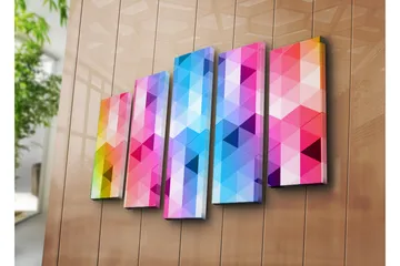 Stor Canvastavla i 5 delar 105x70 cm - Abstrakt komposition med triangulära mönster i starka färger - Rosa / Blå / Lila - Inredning - Tavlor & posters - Canvastavla