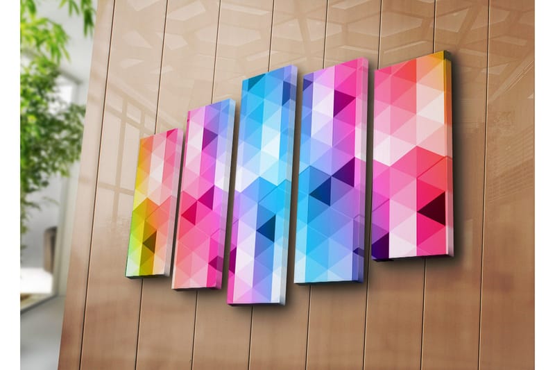 Stor Canvastavla i 5 delar 105x70 cm - Abstrakt komposition med triangulära mönster i starka färger - Rosa / Blå / Lila - Inredning - Tavlor & posters - Canvastavla