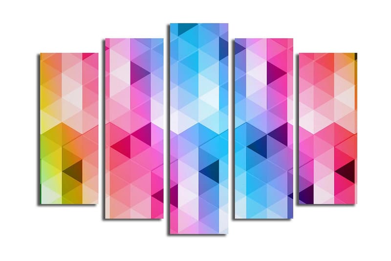 Stor Canvastavla i 5 delar 105x70 cm - Abstrakt komposition med triangulära mönster i starka färger - Rosa / Blå / Lila - Inredning - Tavlor & posters - Canvastavla