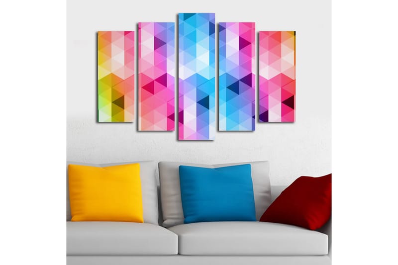 Stor Canvastavla i 5 delar 105x70 cm - Abstrakt komposition med triangulära mönster i starka färger - Rosa / Blå / Lila - Inredning - Tavlor & posters - Canvastavla