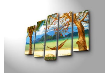 Stor Canvastavla i 5 delar 105x70 cm - Avkopplande strandscen med hängmatta mellan palmer - Grön / Blå / Beige - Inredning - Tavlor & posters - Canvastavla