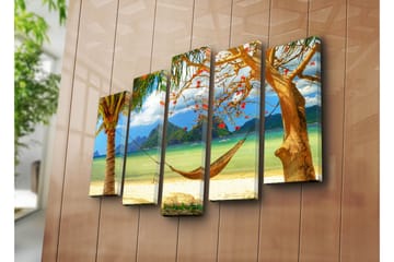 Stor Canvastavla i 5 delar 105x70 cm - Avkopplande strandscen med hängmatta mellan palmer - Grön / Blå / Beige - Inredning - Tavlor & posters - Canvastavla