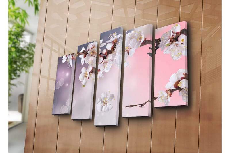 Stor Canvastavla i 5 delar 105x70 cm - Blommande körsbärsgren med vita blommor - Vit / Lila / Rosa - Inredning - Tavlor & posters - Canvastavla