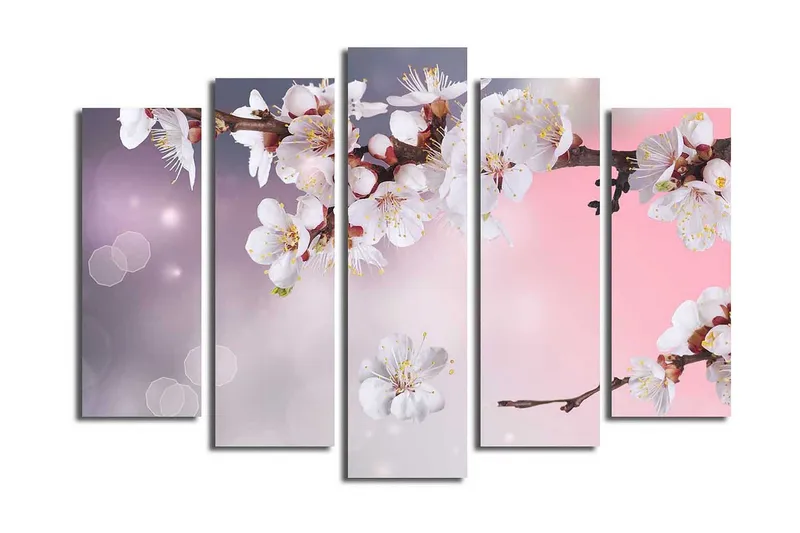 Stor Canvastavla i 5 delar 105x70 cm - Blommande körsbärsgren med vita blommor - Vit / Lila / Rosa - Inredning - Tavlor & posters - Canvastavla