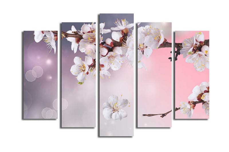 Stor Canvastavla i 5 delar 105x70 cm - Blommande körsbärsgren med vita blommor - Vit / Lila / Rosa - Inredning - Tavlor & posters - Canvastavla