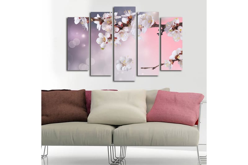 Stor Canvastavla i 5 delar 105x70 cm - Blommande körsbärsgren med vita blommor - Vit / Lila / Rosa - Inredning - Tavlor & posters - Canvastavla