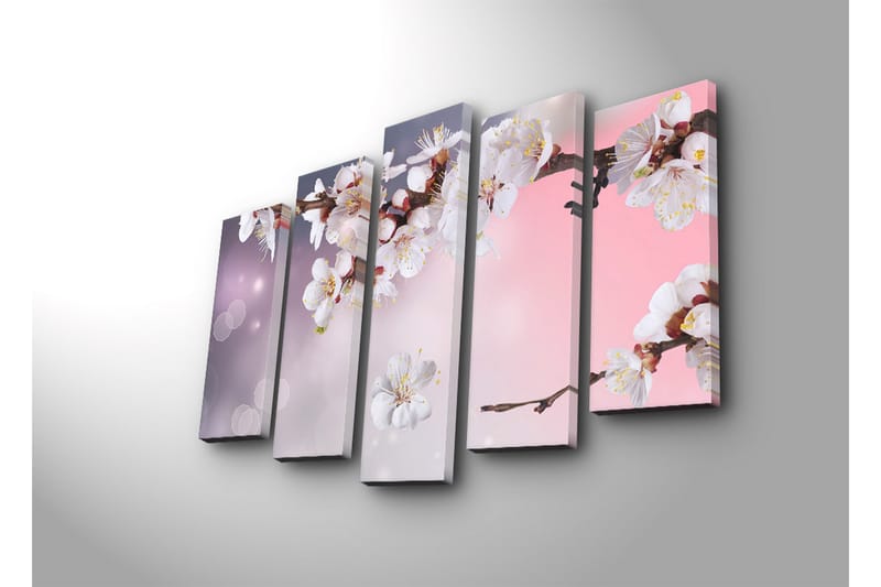 Stor Canvastavla i 5 delar 105x70 cm - Blommande körsbärsgren med vita blommor - Vit / Lila / Rosa - Inredning - Tavlor & posters - Canvastavla