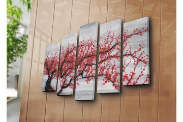 Stor Canvastavla i 5 delar 105x70 cm - Blommande körsbärsträd med röda blommor - Röd / Svart / Grå - Inredning - Tavlor & posters - Canvastavla