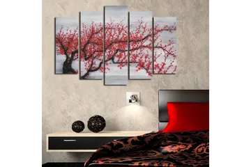 Stor Canvastavla i 5 delar 105x70 cm - Blommande körsbärsträd med röda blommor - Röd / Svart / Grå - Inredning - Tavlor & posters - Canvastavla