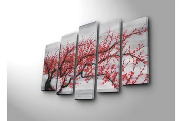 Stor Canvastavla i 5 delar 105x70 cm - Blommande körsbärsträd med röda blommor - Röd / Svart / Grå - Inredning - Tavlor & posters - Canvastavla