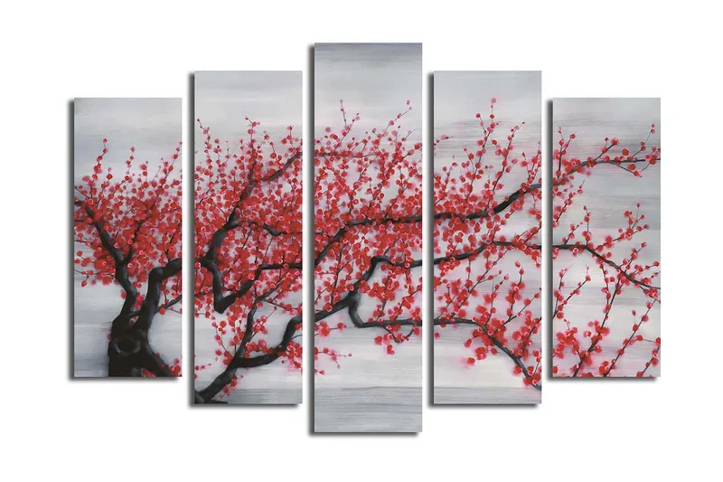 Stor Canvastavla i 5 delar 105x70 cm - Blommande körsbärsträd med röda blommor - Röd / Svart / Grå - Inredning - Tavlor & posters - Canvastavla