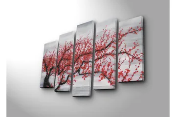 Stor Canvastavla i 5 delar 105x70 cm - Blommande körsbärsträd med röda blommor - Röd / Svart / Grå - Inredning - Tavlor & posters - Canvastavla