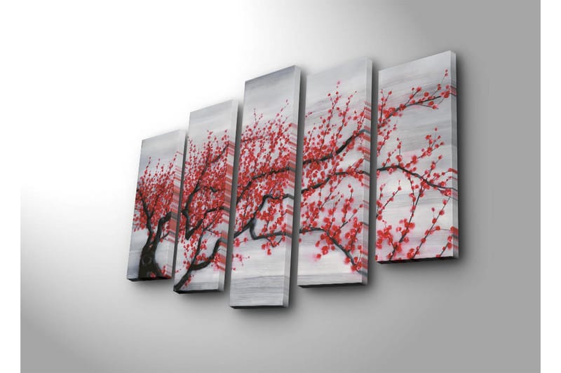 Stor Canvastavla i 5 delar 105x70 cm - Blommande körsbärsträd med röda blommor - Röd / Svart / Grå - Inredning - Tavlor & posters - Canvastavla