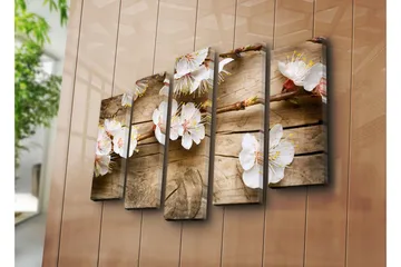 Stor Canvastavla i 5 delar 105x70 cm - Blommande kvistar med vita blommor - Vit / Gul / Brun - Inredning - Tavlor & posters - Canvastavla