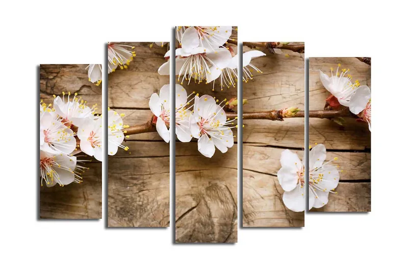 Stor Canvastavla i 5 delar 105x70 cm - Blommande kvistar med vita blommor - Vit / Gul / Brun - Inredning - Tavlor & posters - Canvastavla
