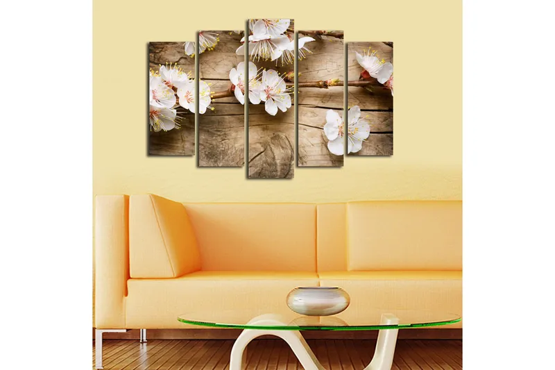 Stor Canvastavla i 5 delar 105x70 cm - Blommande kvistar med vita blommor - Vit / Gul / Brun - Inredning - Tavlor & posters - Canvastavla