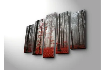 Stor Canvastavla i 5 delar 105x70 cm - Dimhöljd skog med röda lövträd - Röd / Grå / Svart - Inredning - Tavlor & posters - Canvastavla