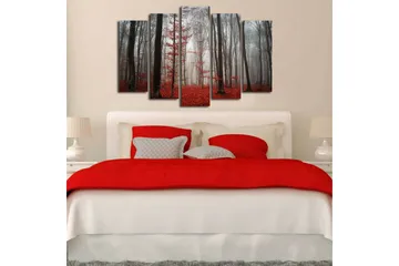 Stor Canvastavla i 5 delar 105x70 cm - Dimhöljd skog med röda lövträd - Röd / Grå / Svart - Inredning - Tavlor & posters - Canvastavla