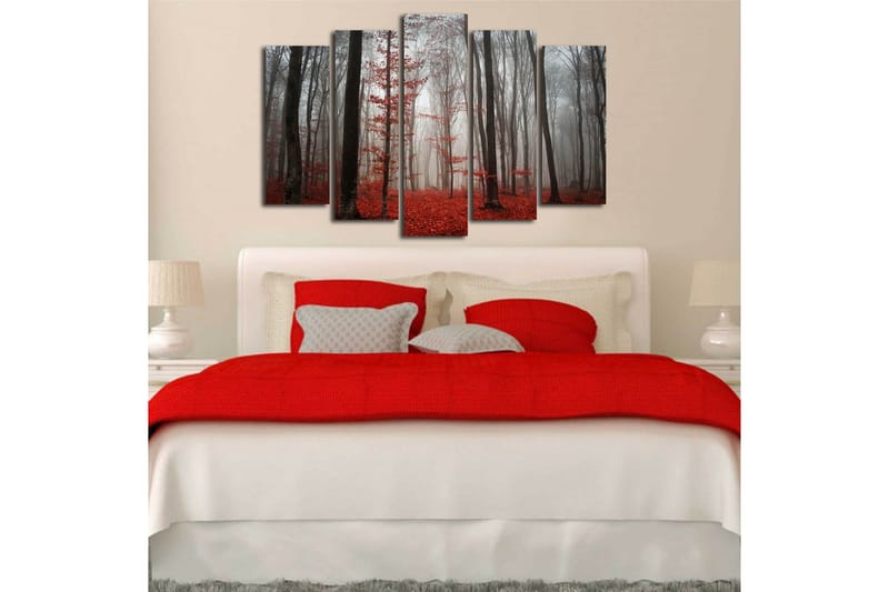 Stor Canvastavla i 5 delar 105x70 cm - Dimhöljd skog med röda lövträd - Röd / Grå / Svart - Inredning - Tavlor & posters - Canvastavla