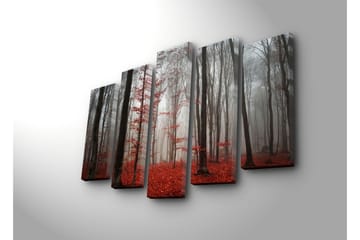Stor Canvastavla i 5 delar 105x70 cm - Dimhöljd skog med röda lövträd - Röd / Grå / Svart - Inredning - Tavlor & posters - Canvastavla