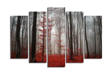 Stor Canvastavla i 5 delar 105x70 cm - Dimhöljd skog med röda lövträd - Röd / Grå / Svart - Inredning - Tavlor & posters - Canvastavla