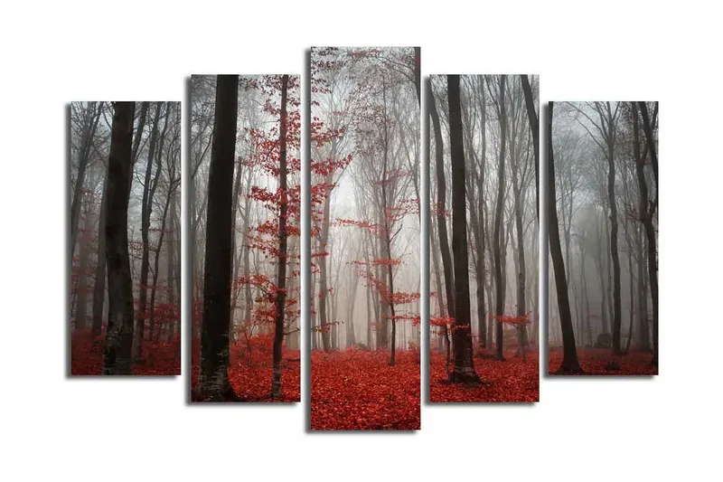 Stor Canvastavla i 5 delar 105x70 cm - Dimhöljd skog med röda lövträd, Röd / Grå / Svart