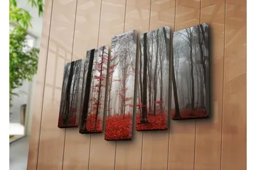 Stor Canvastavla i 5 delar 105x70 cm - Dimhöljd skog med röda lövträd - Röd / Grå / Svart - Inredning - Tavlor & posters - Canvastavla