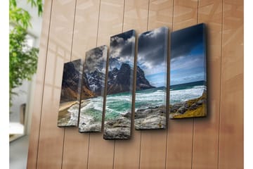 Stor Canvastavla i 5 delar 105x70 cm - Dramatiska fjäll med hav och strand - Mörkgrå / Turkos / Beige - Inredning - Tavlor & posters - Canvastavla