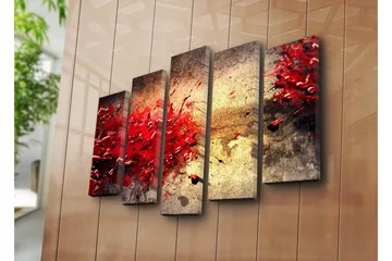 Stor Canvastavla i 5 delar 105x70 cm - Dynamisk explosion av röda färgfläckar - Röd / Beige / Svart - Inredning - Tavlor & posters - Canvastavla