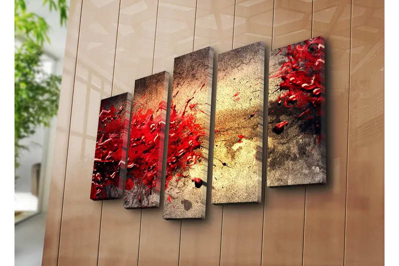 Stor Canvastavla i 5 delar 105x70 cm - Dynamisk explosion av röda färgfläckar - Röd / Beige / Svart - Inredning - Tavlor & posters - Canvastavla