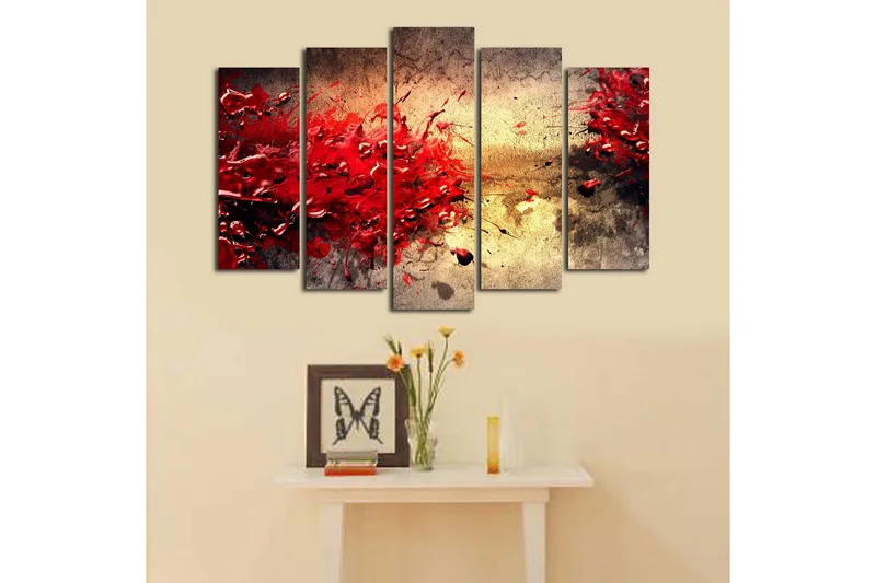 Stor Canvastavla i 5 delar 105x70 cm - Dynamisk explosion av röda färgfläckar - Röd / Beige / Svart - Inredning - Tavlor & posters - Canvastavla