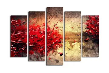 Stor Canvastavla i 5 delar 105x70 cm - Dynamisk explosion av röda färgfläckar - Röd / Beige / Svart - Inredning - Tavlor & posters - Canvastavla